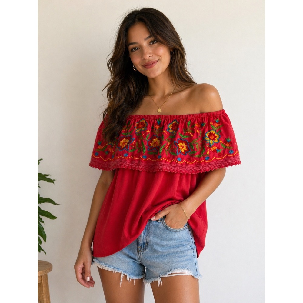 Ruby n Style Pink Floral Embroidered Off Shoulder Boho Rayon Top Medium